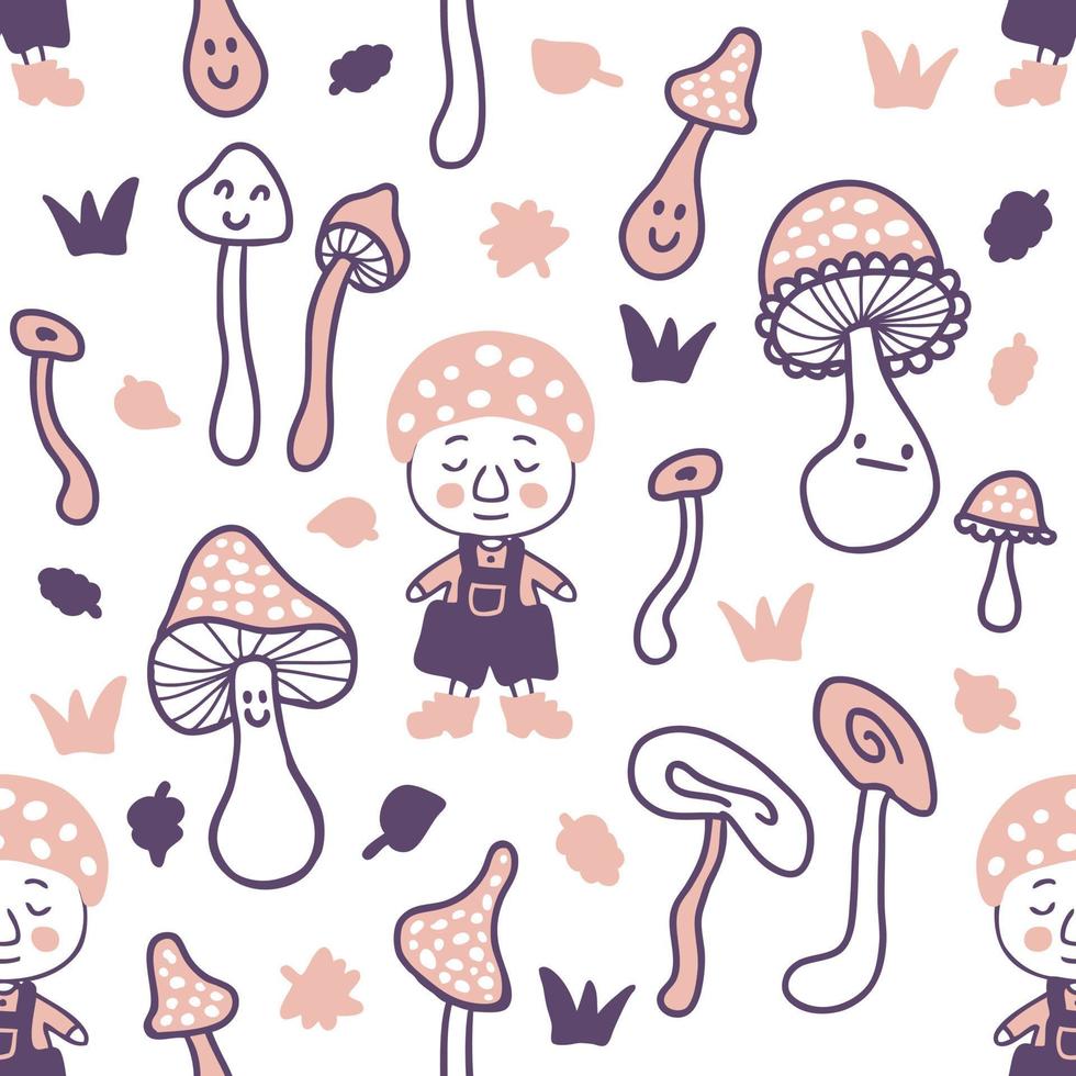 Doodle seamless pattern with gnomes and mushrooms. vector