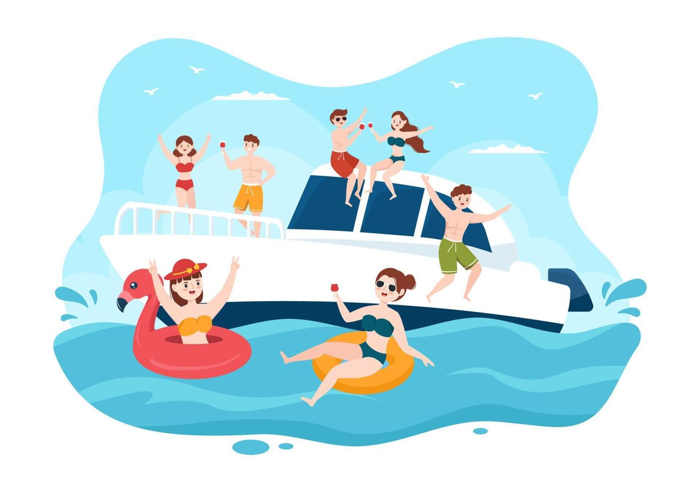 plantilla de yates dibujada a mano ilustración plana de dibujos animados con gente bailando, tomando el sol, bebiendo cócteles y relajándose en un yate de crucero en el océano vector
