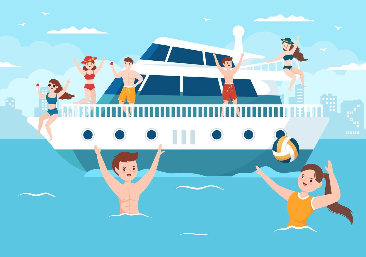 plantilla de yates dibujada a mano ilustración plana de dibujos animados con gente bailando, tomando el sol, bebiendo cócteles y relajándose en un yate de crucero en el océano vector