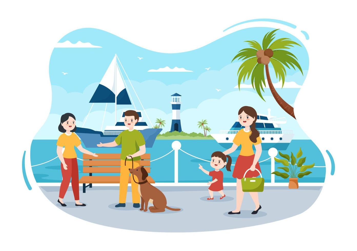 Yachts Template Hand Drawn Cartoon Flat Illustration with People Dancing, Sunbathing, Drinking Cocktails and Relaxing on Cruise Yacht at Ocean vector