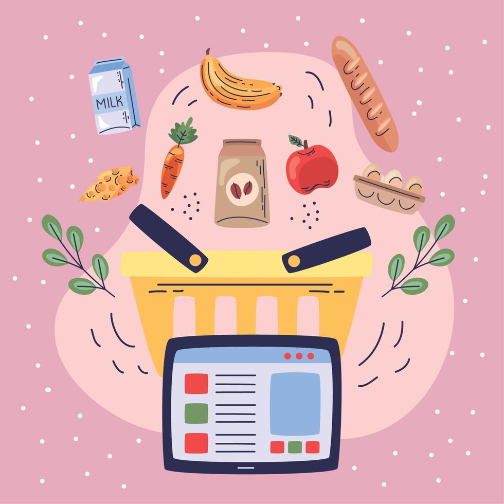 compras de comestibles en línea en tableta vector