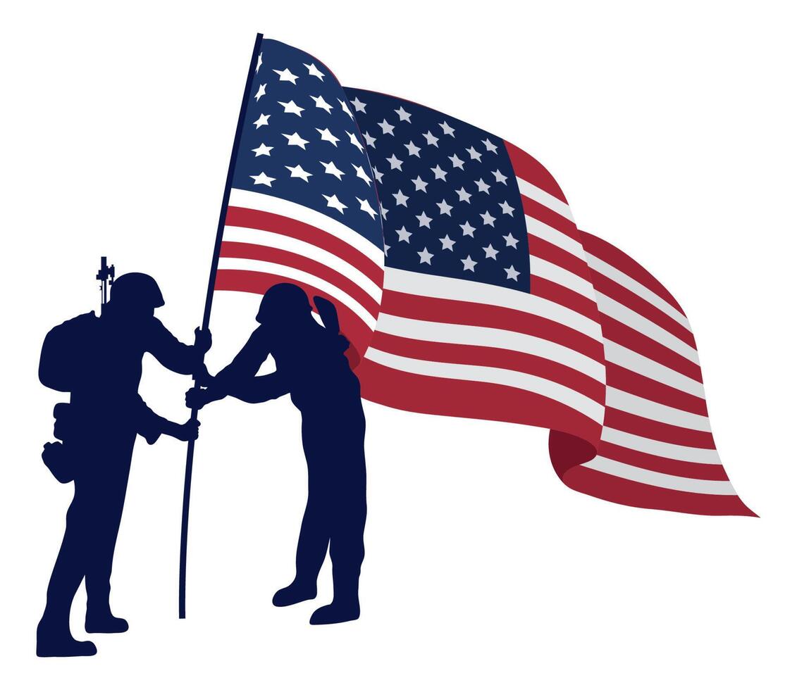 soldiers with usa flag vector