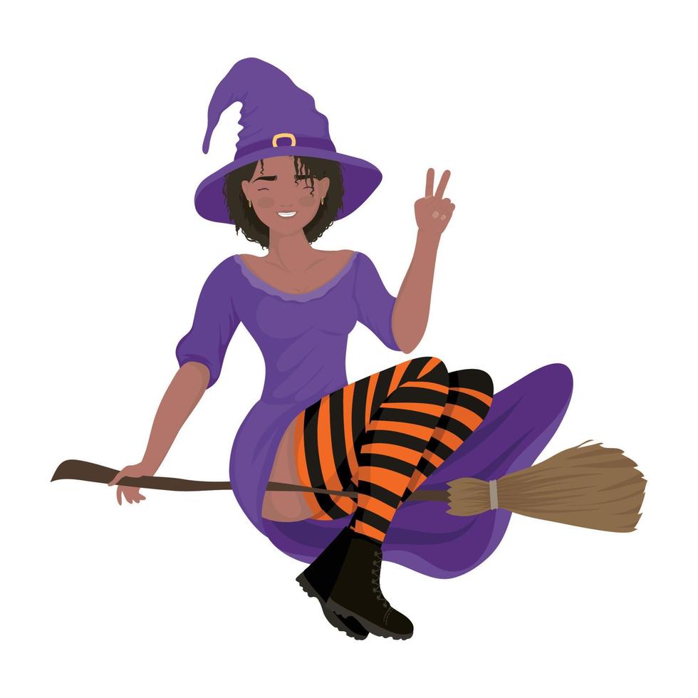 afro witch flying in broom vector