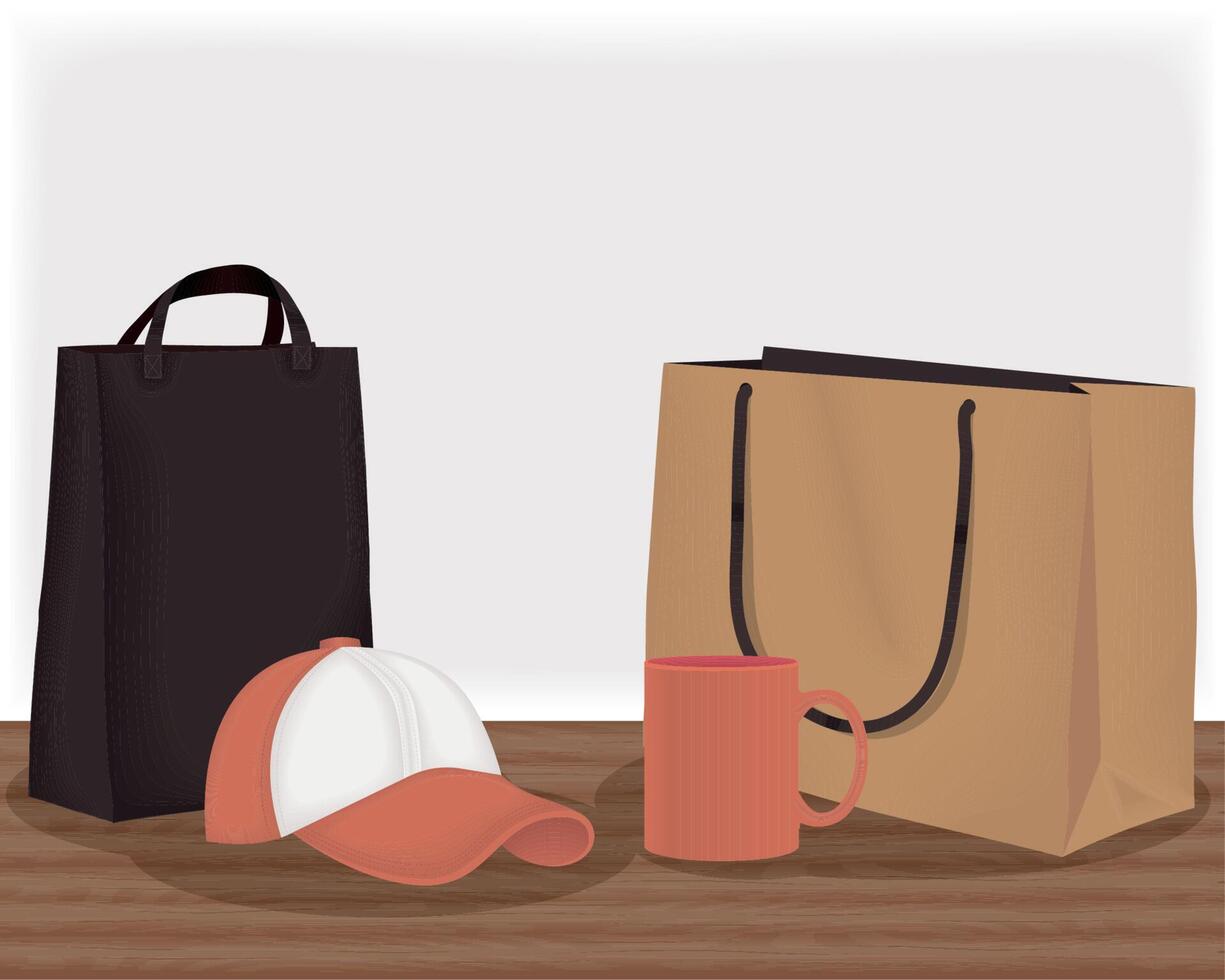 shopping bags and sport cap vector