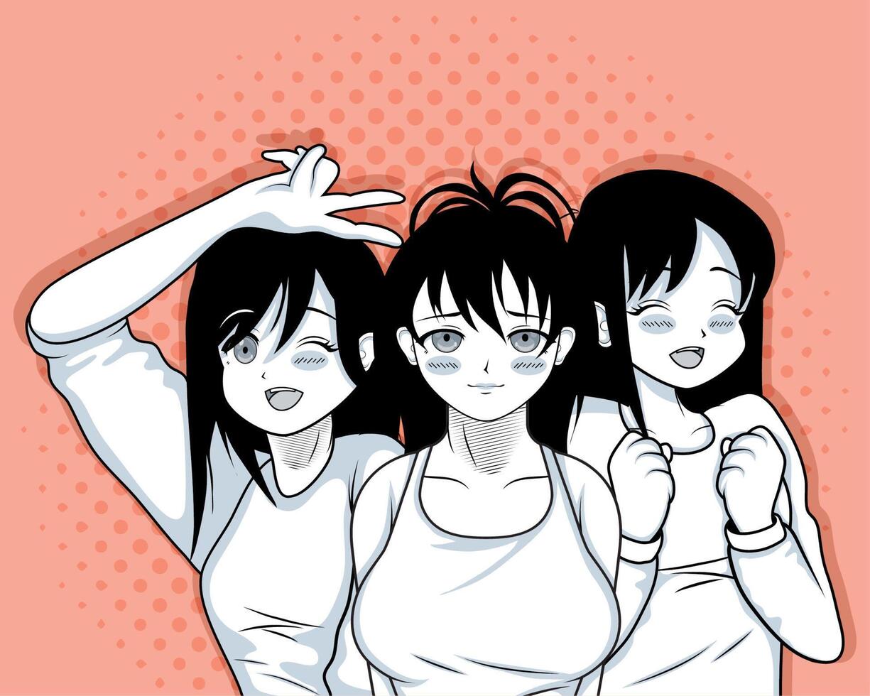 three girls anime style vector