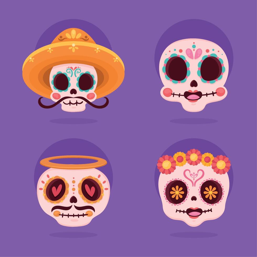 four dia de los muertos skulls vector