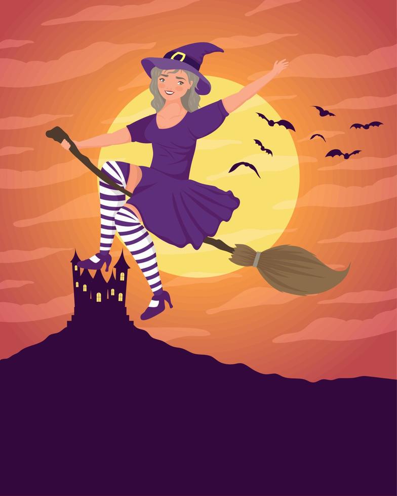 witch flying and castle vector