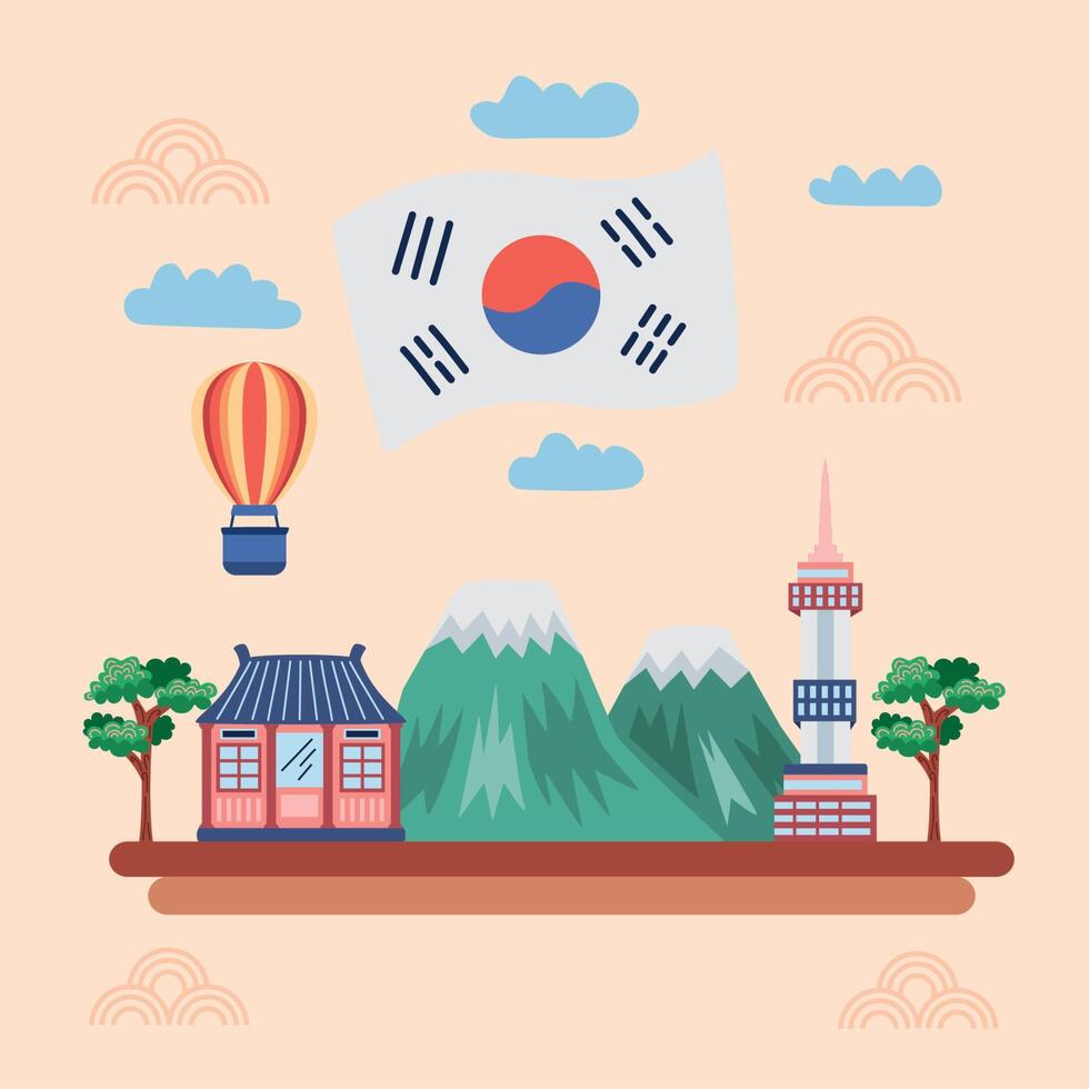 korean flag and culture icons vector