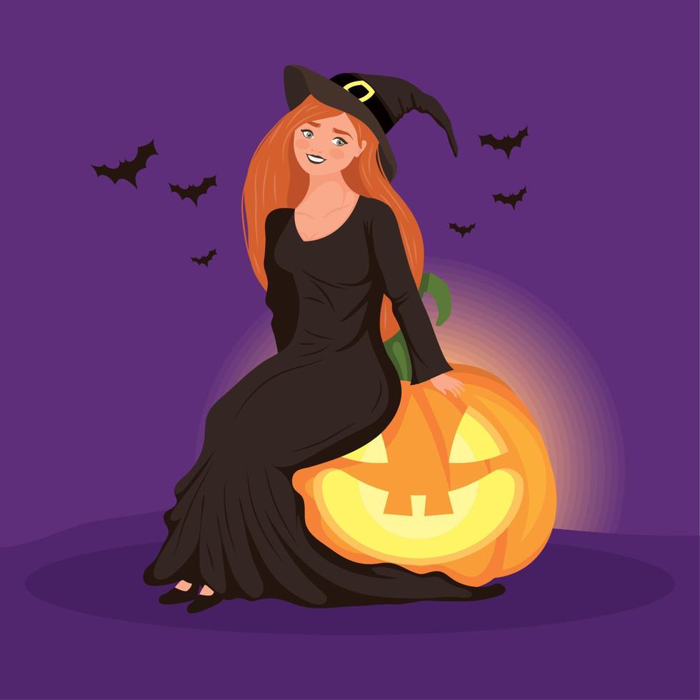 bruja sentada en escena de calabaza vector