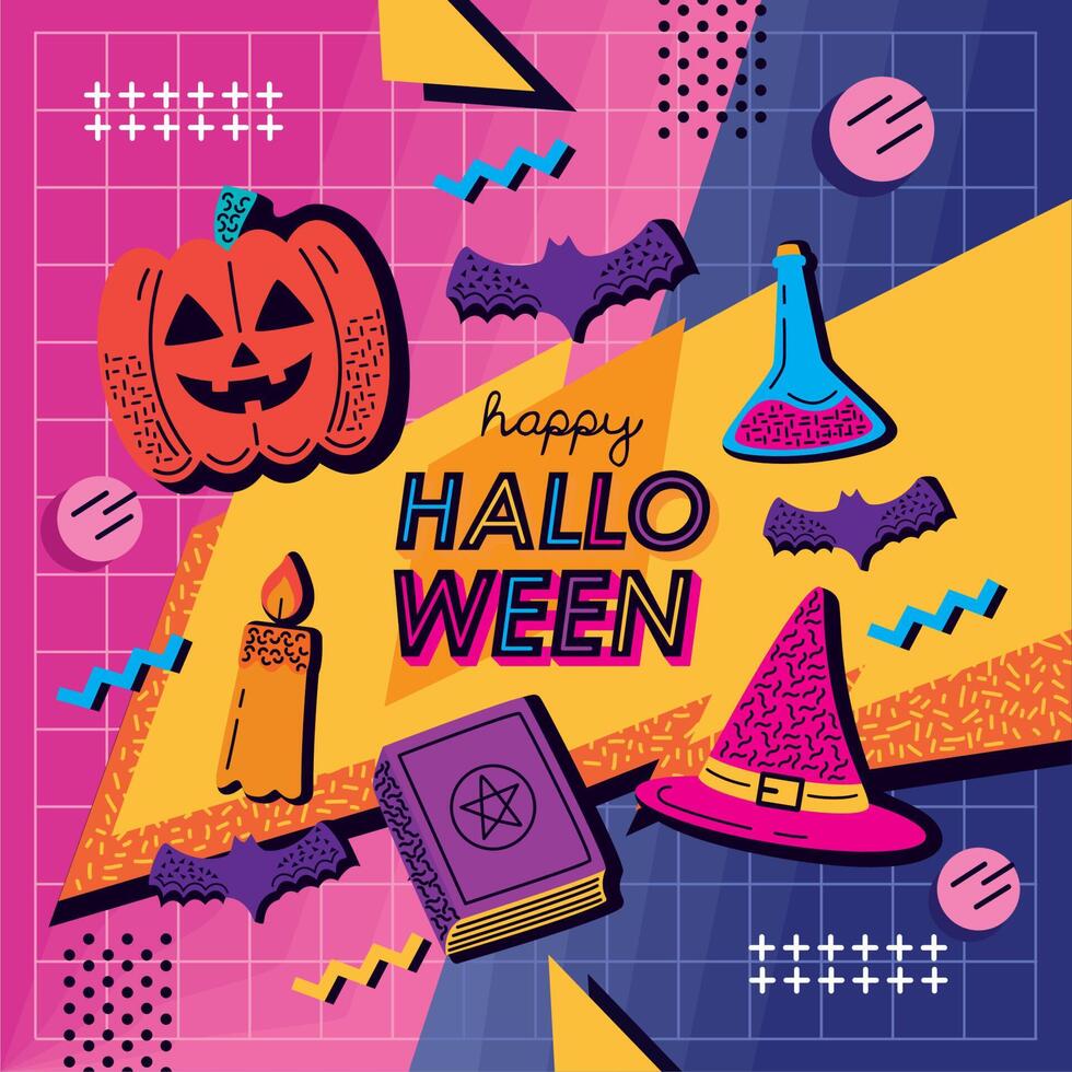 happy halloween lettering memphis style vector