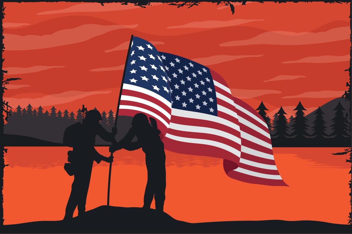 soldados ondeando la bandera de estados unidos paisaje vector