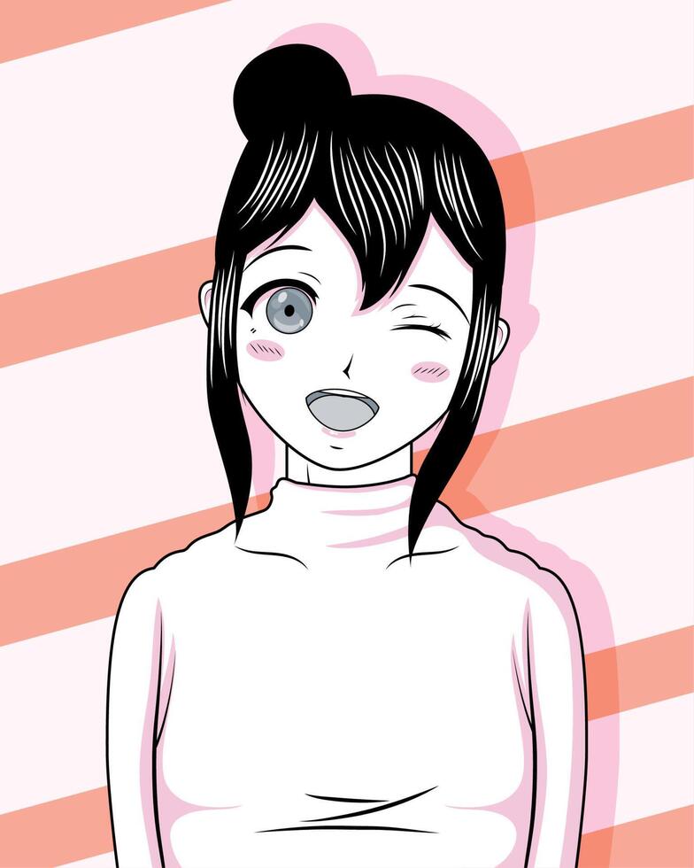 chica anime en fondo rosa vector