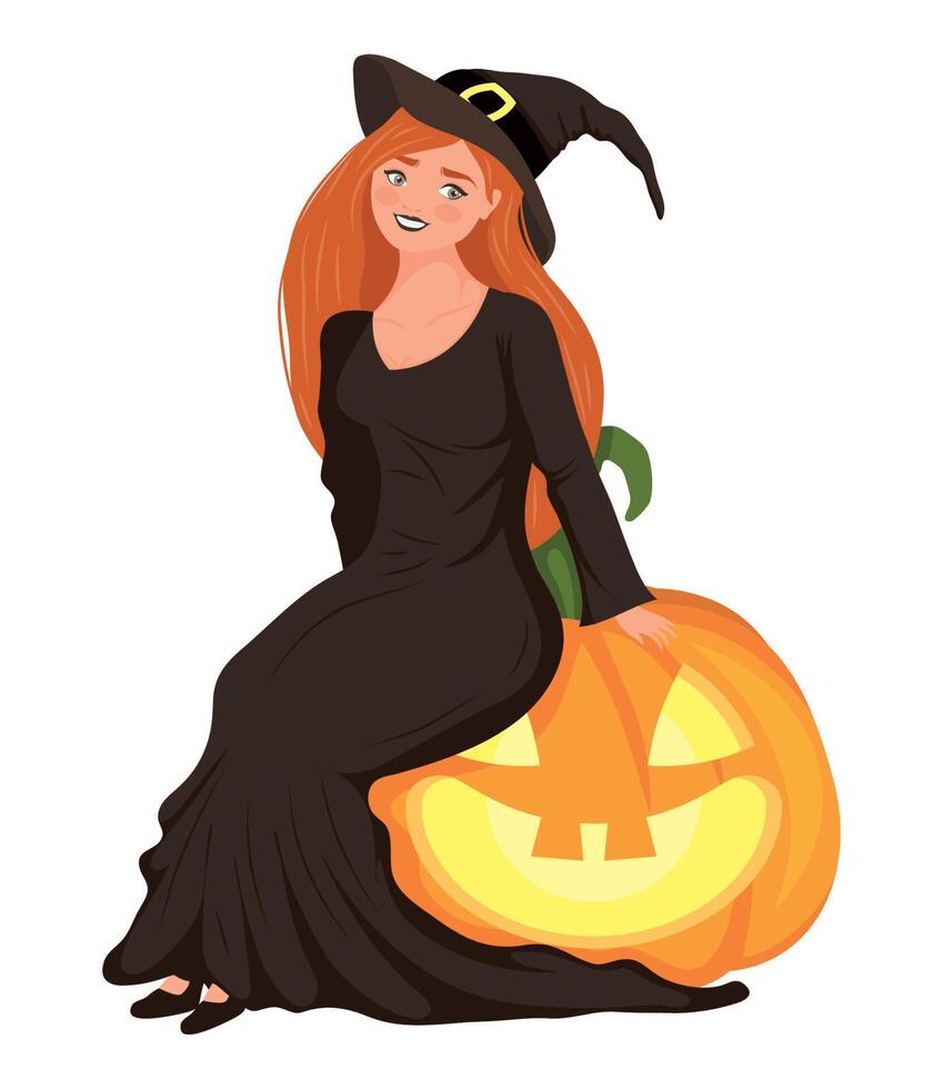 witch seated in pumpkin vector