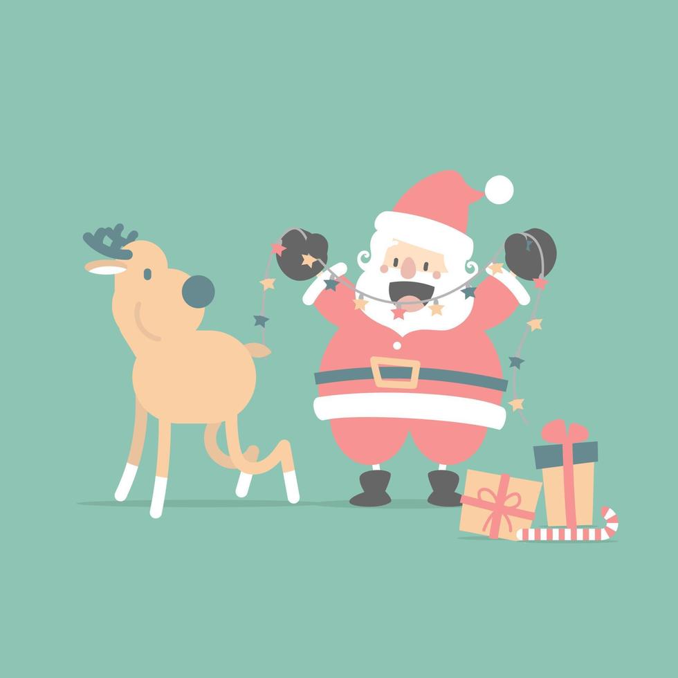 feliz navidad y feliz año nuevo con lindo santa claus y renos en la temporada de invierno, diseño de vestuario de personaje de dibujos animados de ilustración vectorial plana vector