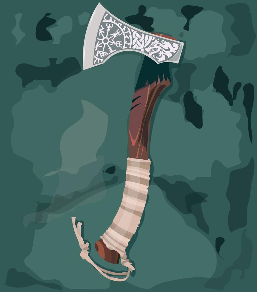 a very aesthetic hunting ax an ax with engraving on the iron and a loop of rope on the handle of the ax vector