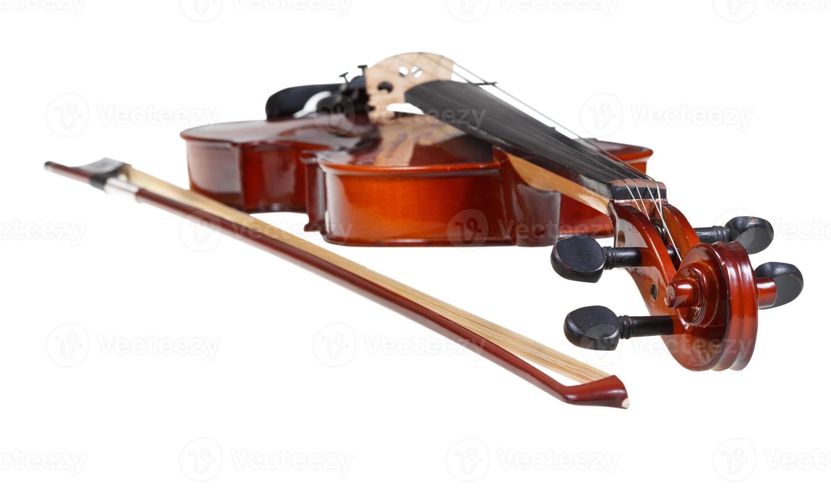 pegbox of classical modern violin and french bow photo