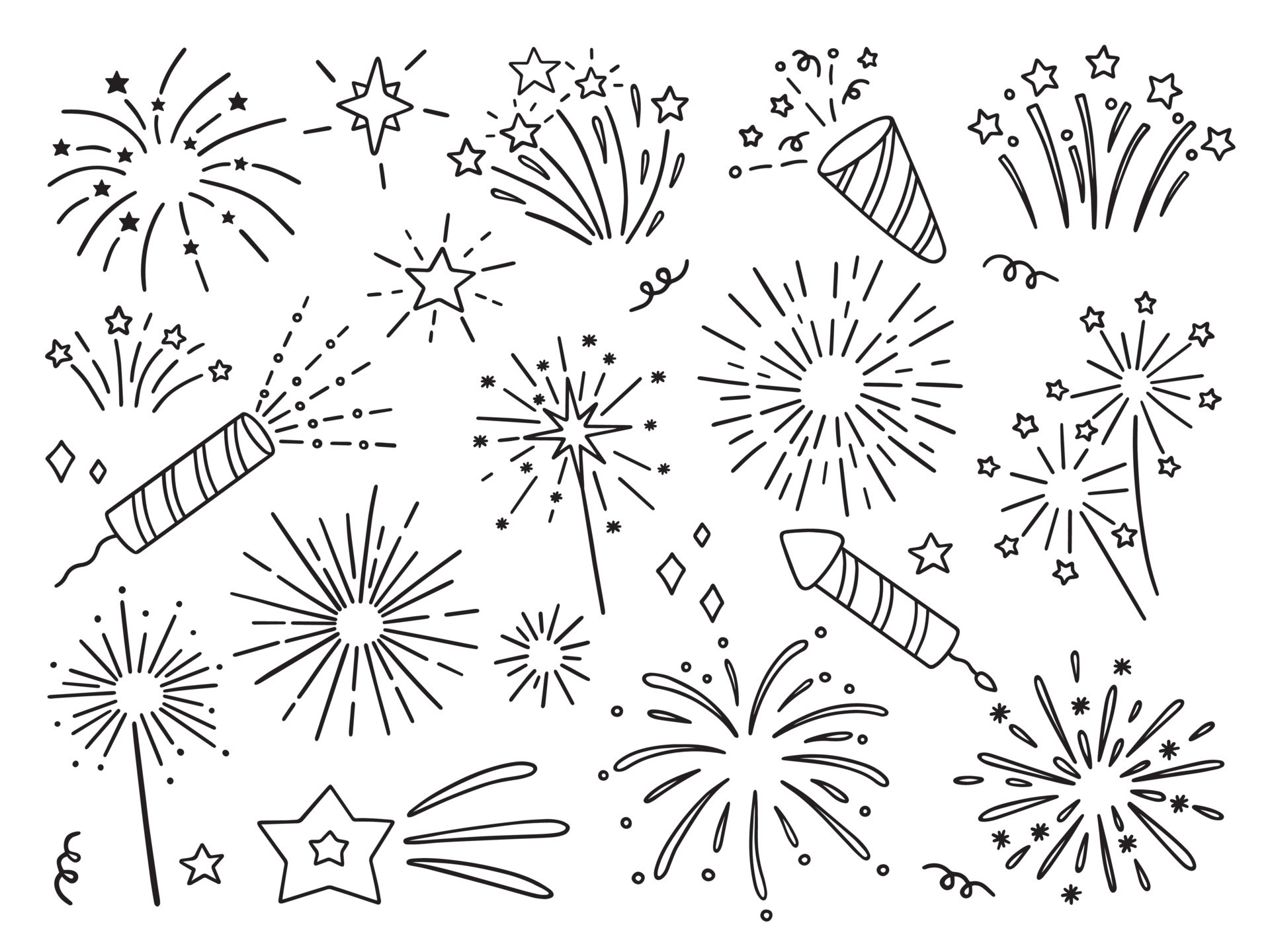 Hand drawn set of fireworks doodle. Fireckrackers in sketch style