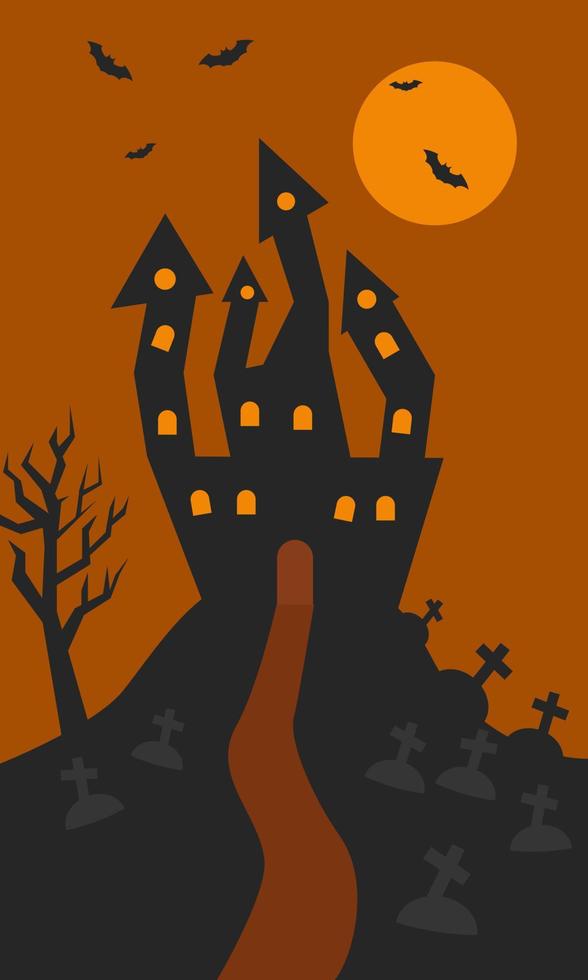 halloween, old castle, bats. cartoon vector illustration.