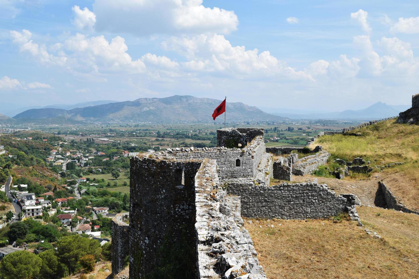 waving the flag of Albania against the blue sky photo