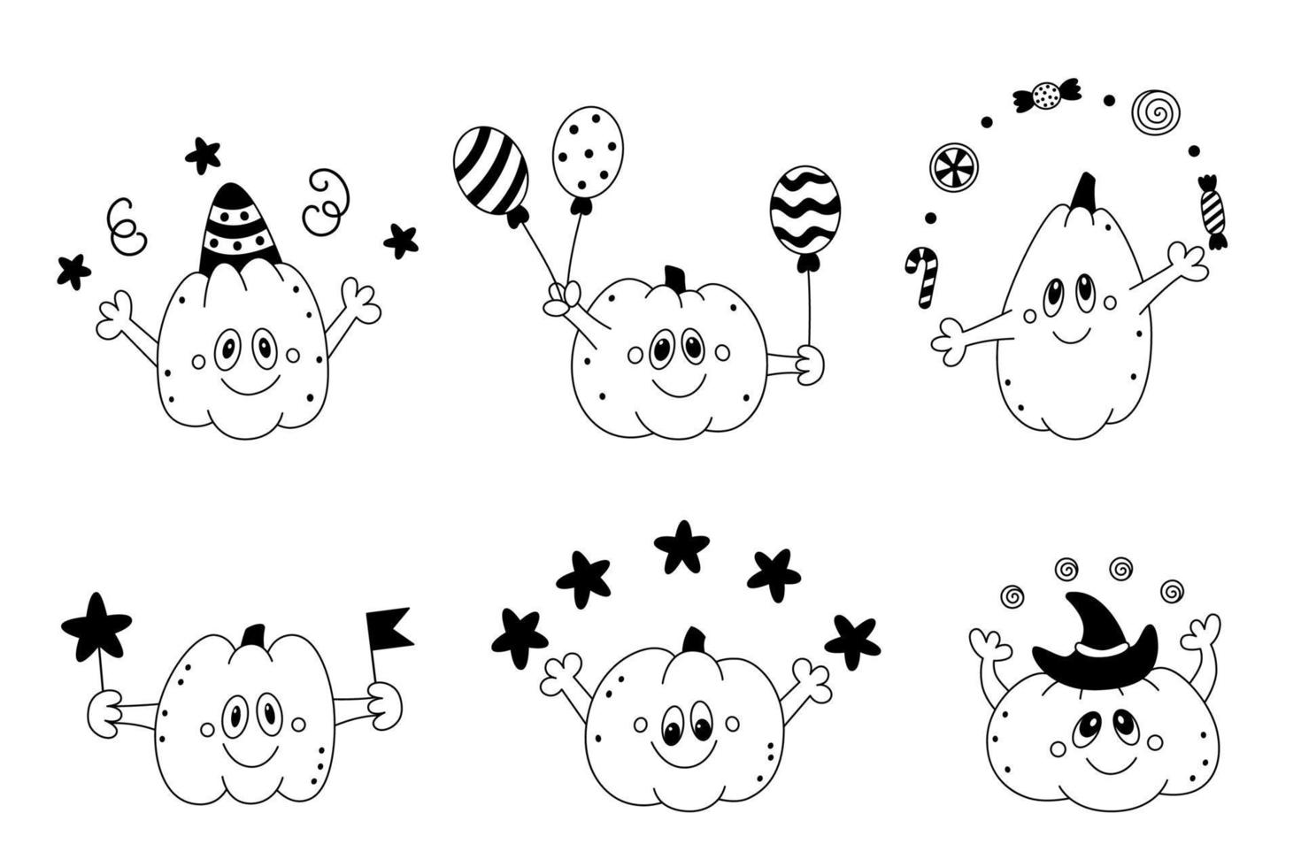 Doodle set of cute happy pumpkins Childish festive halloween design elements Outline Sketch vector