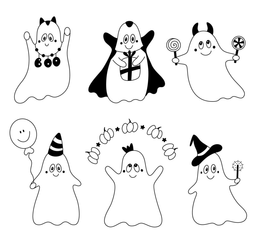 Set of kind cute doodle ghosts Collection of cartoon childish halloween design elements vector