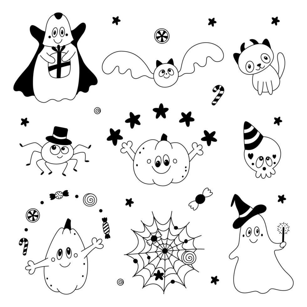Set of cute kid doodle halloween design elements pumpkin ghost cat bat spiderweb skull vector