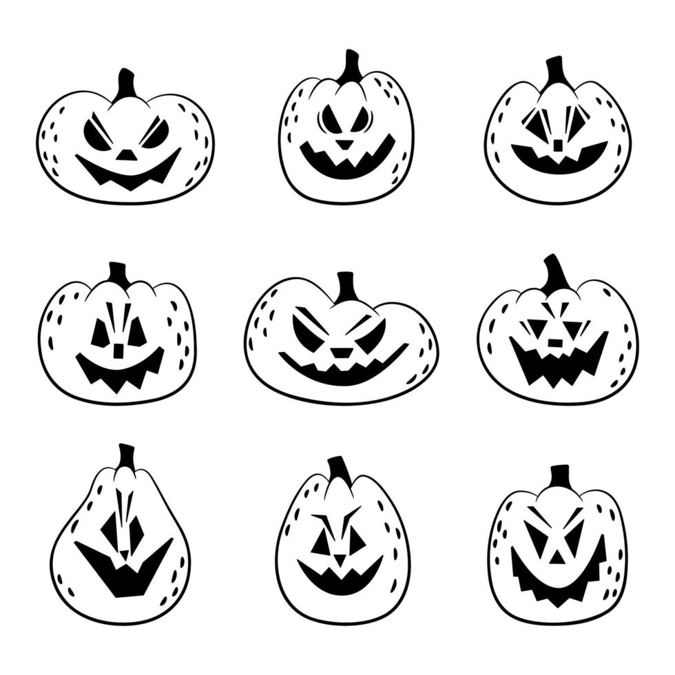 Set of doodle scary halloween pumpkins Collection of spooky cliparts for cards,poster,social media template, invitation Outline Sketch vector