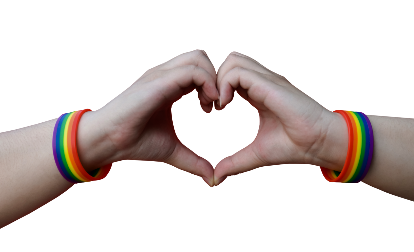 close up of male hands with gay pride rainbow awareness wristbands showing heart gesture with bluesky background. png