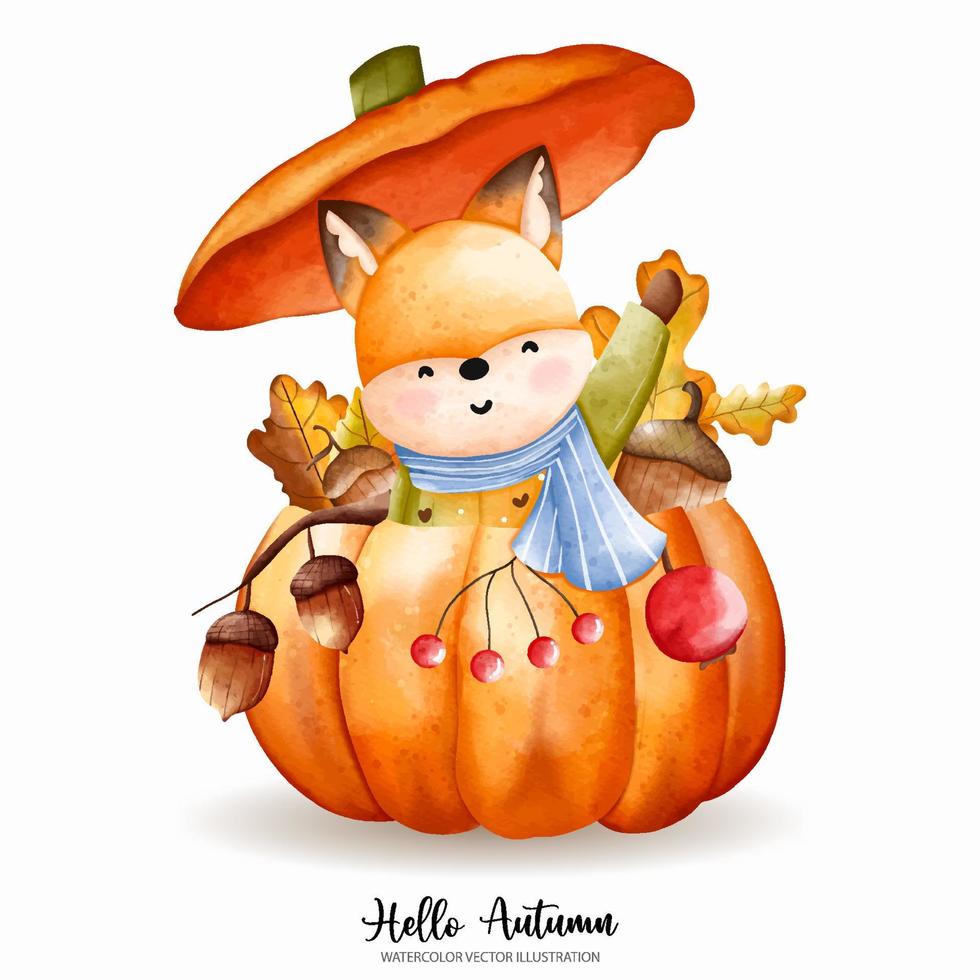 Cute Christmas Watercolor Fox, Autumn or Fall Animal, Watercolor illustration vector