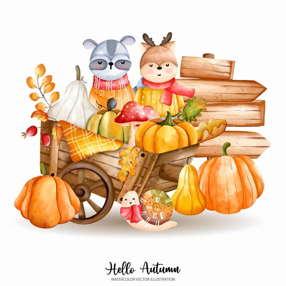 Cute Christmas Watercolor Raccoon and Reindeer, Autumn or Fall Animal, Watercolor illustration vector