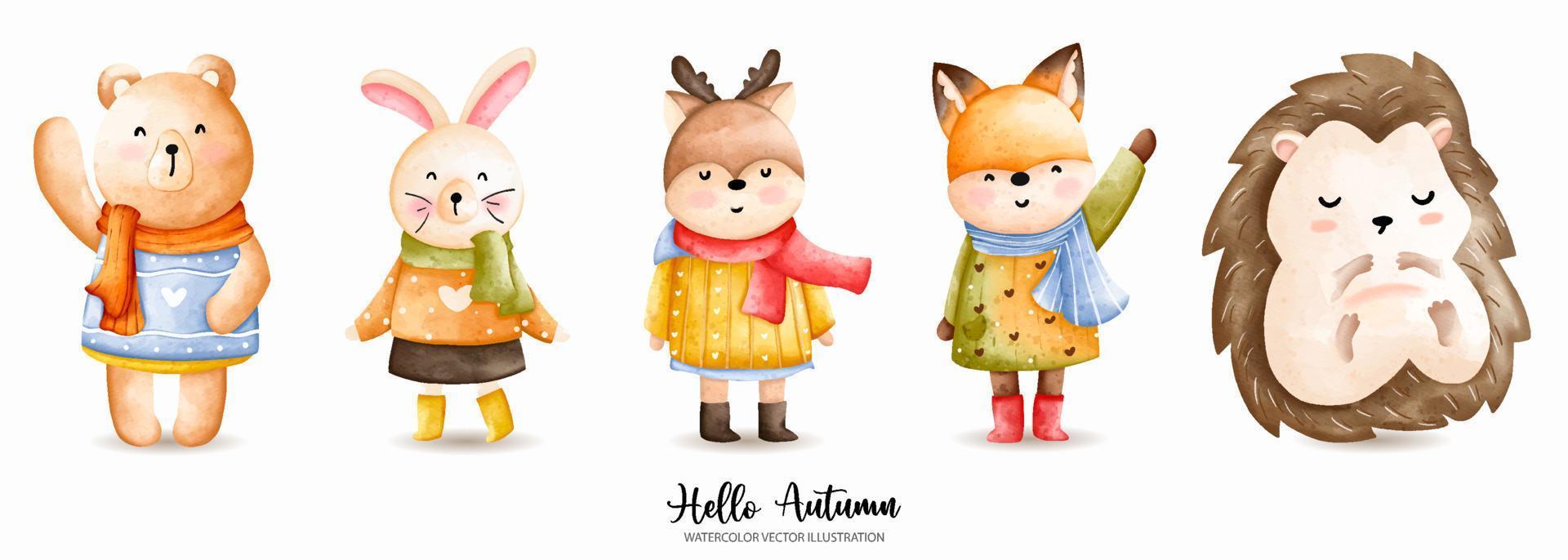 Cute Animal autumn watercolor, Thanksgiving Vector illustration, Bear, Bunny, Deer, Fox, Porcupine