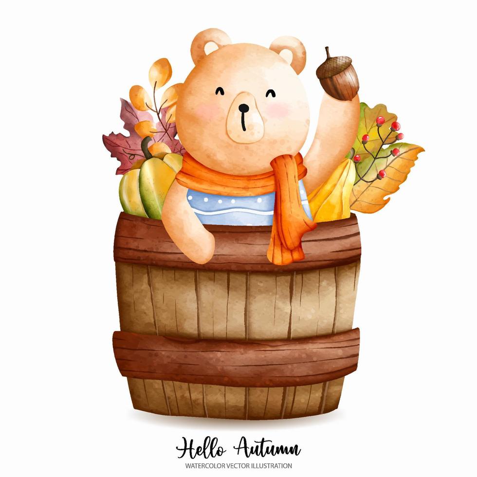 Cute Christmas Watercolor Bear, Teddy, Autumn or Fall Animal, Watercolor illustration vector
