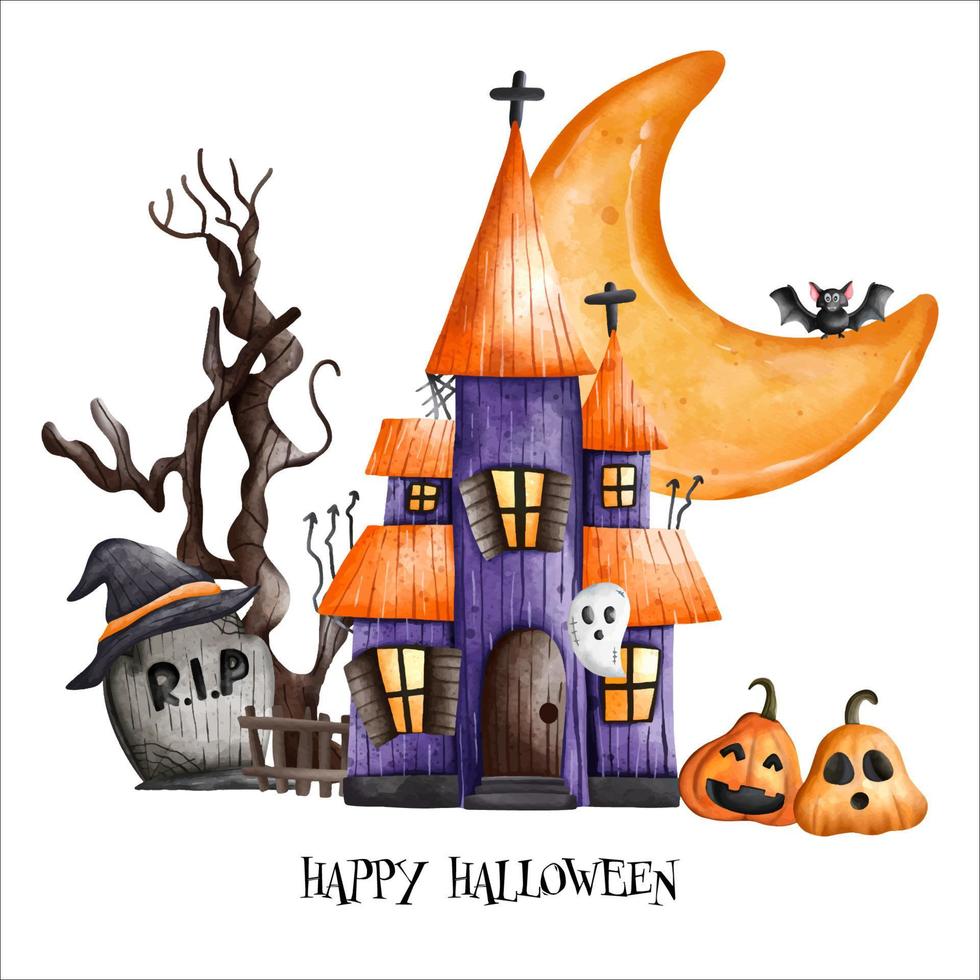 casa embrujada de halloween con luna creciente. feliz halloween, acuarela ilustración vectorial vector