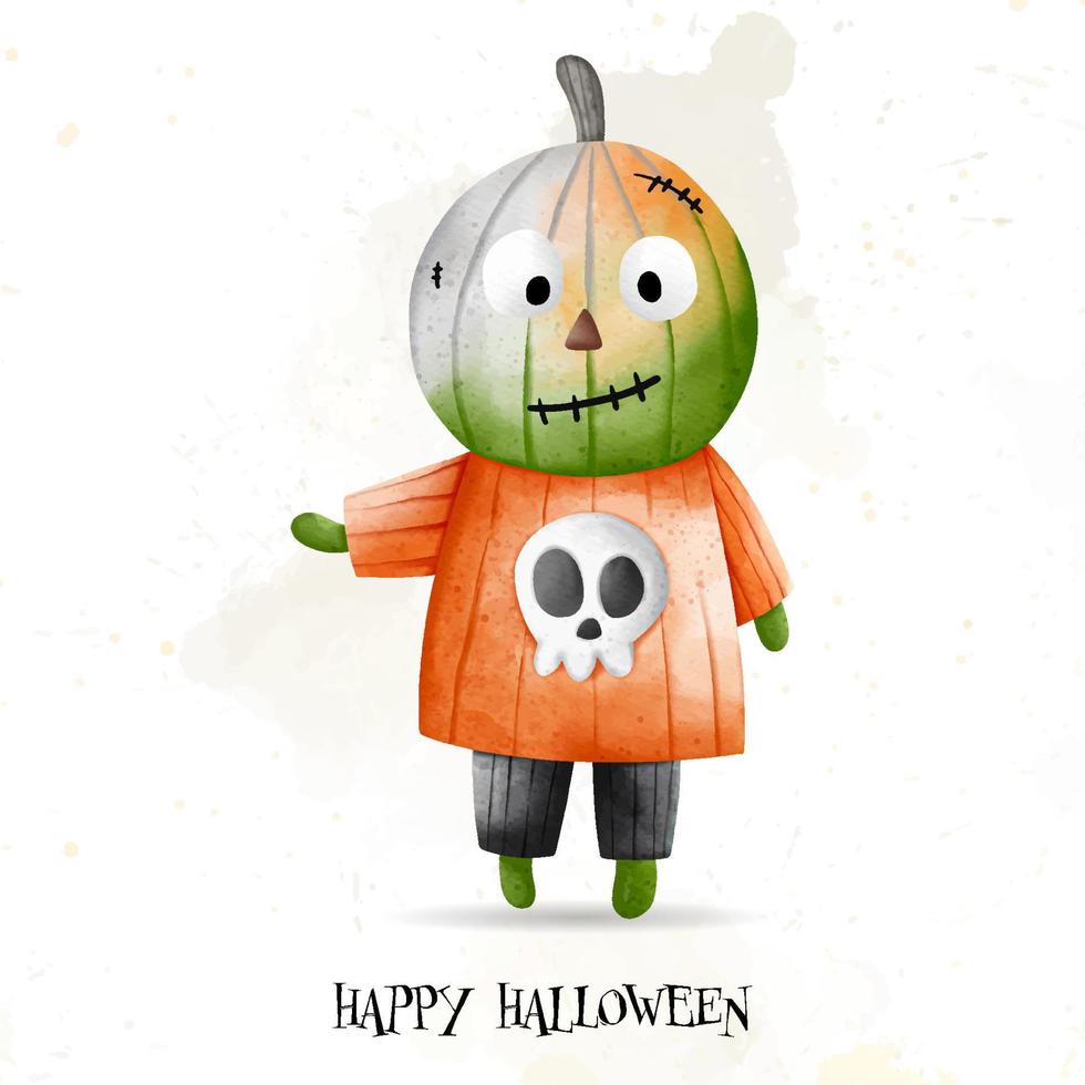 Child in Halloween Pumpkin costume. Happy Halloween, watercolor vector illustration
