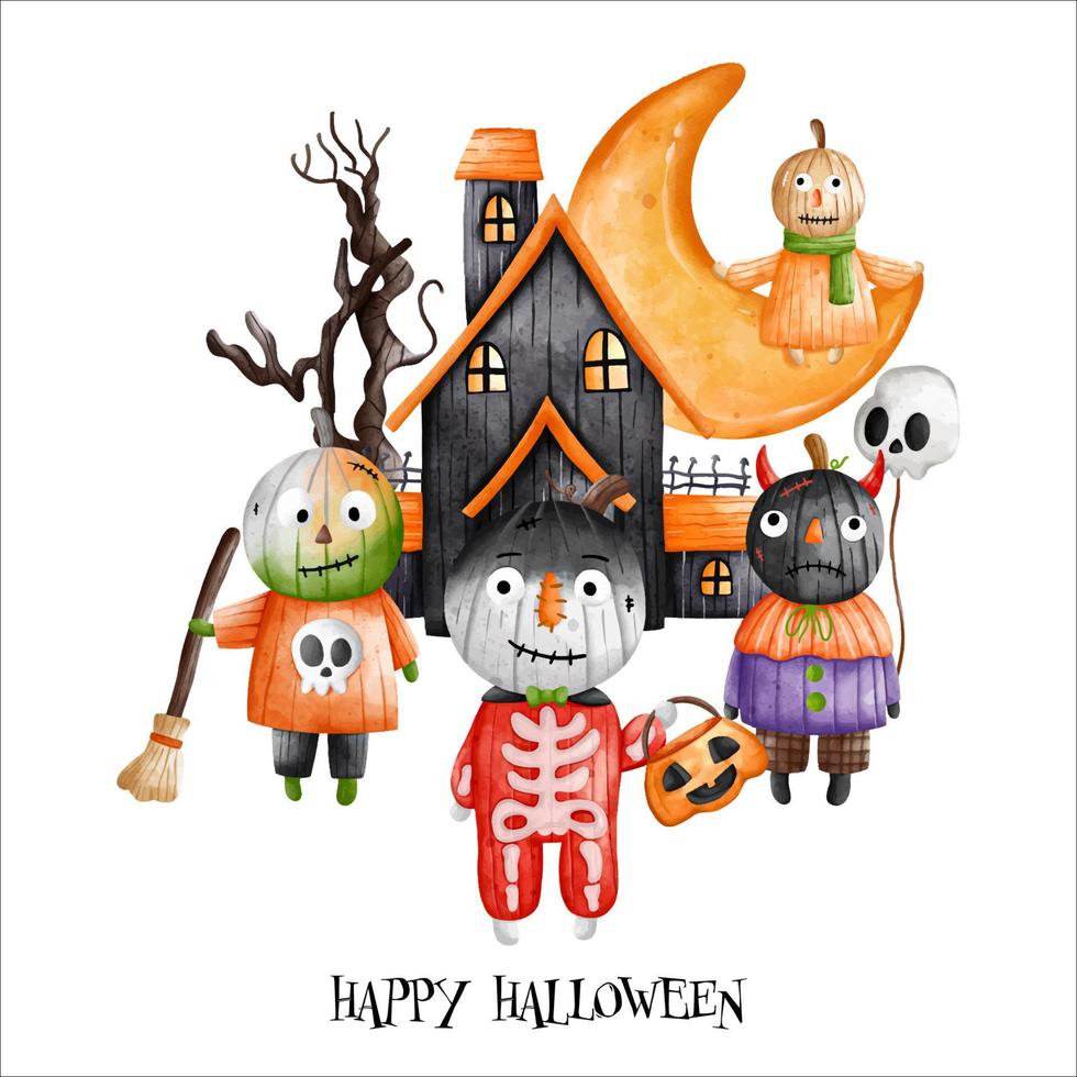 Halloween Haunted house with pumpkin kids and crescent moon. Halloween element. Halloween decoration vector