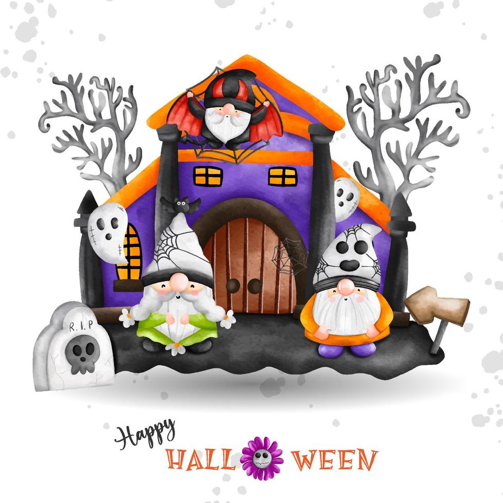 gnomo de halloween, ilustración acuarela, gnomo en concepto de ropa de halloween. drácula, casa embrujada vector