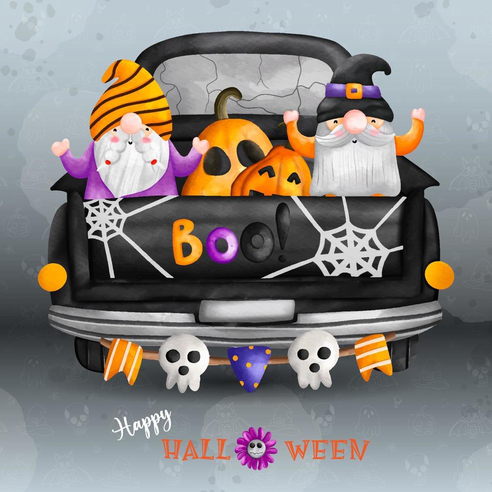 Halloween Gnomes and pumpkins on truck. Happy Halloween and Gnome watercolor illustration vector