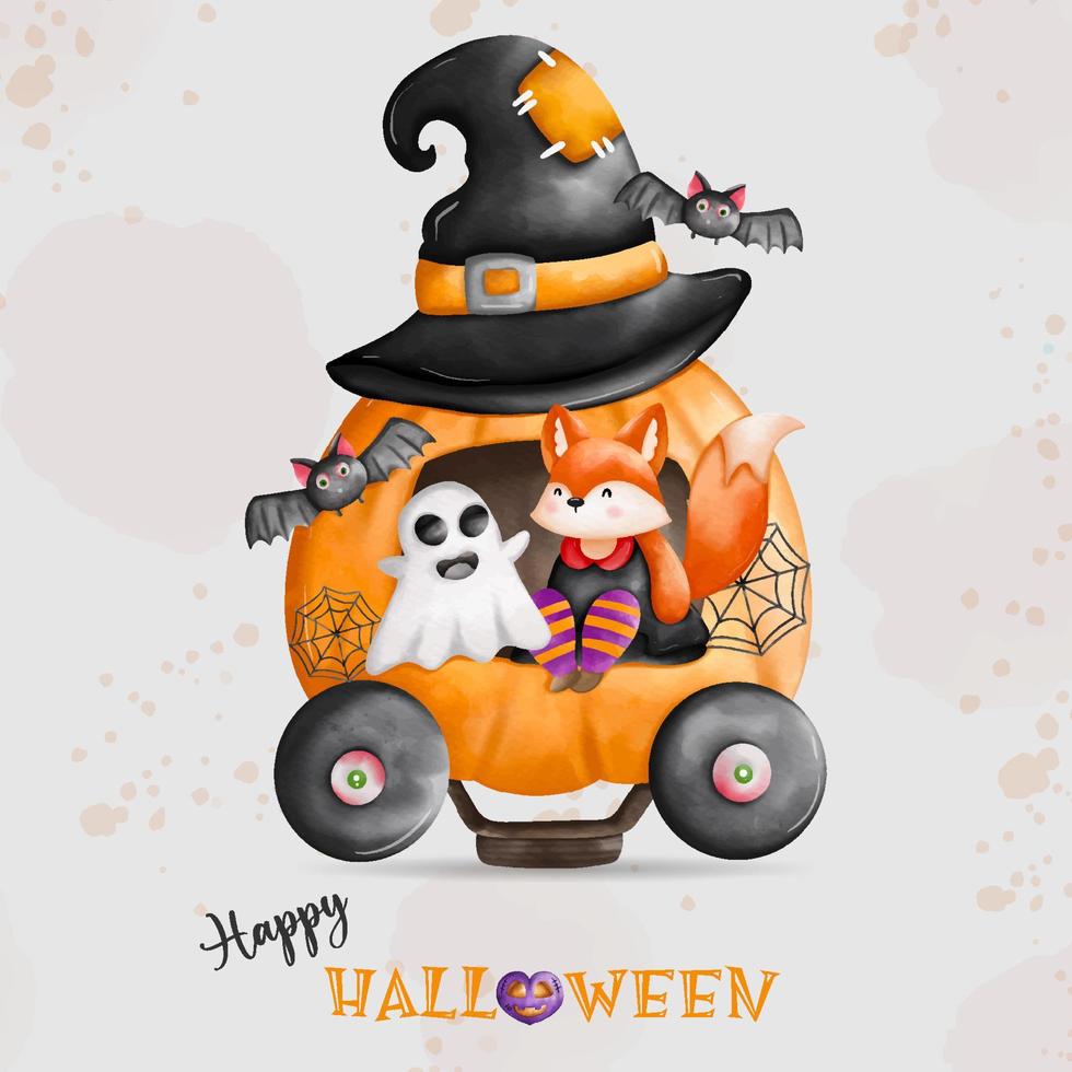 Animals in Halloween costumes for Halloween holiday. Fox witch and ghost sitting on pumpkin car vector