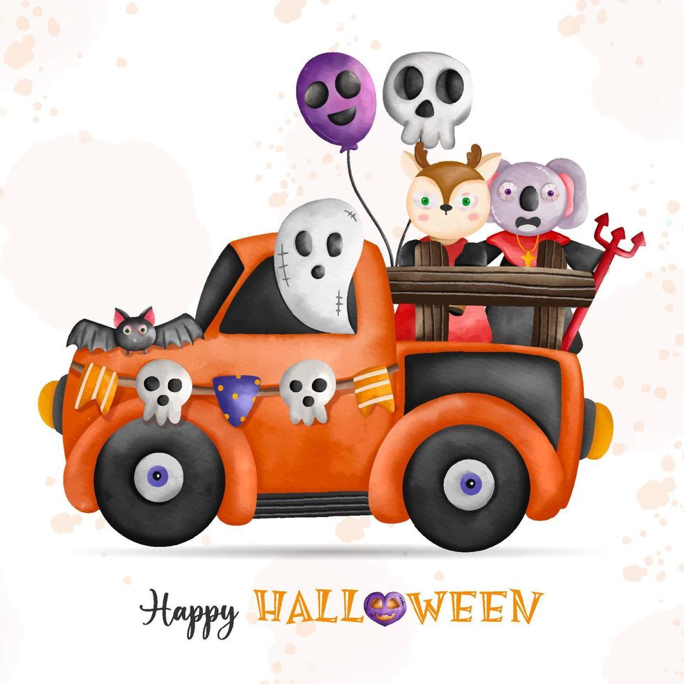 ilustración de composiciones de animales de halloween. ciervos y elefantes halloween en coche y amigos vector