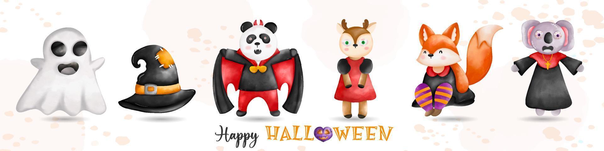 Halloween holiday animals compositions illustration. Cute Ghost, Panda, Deer, Fox, Koala Halloween vector