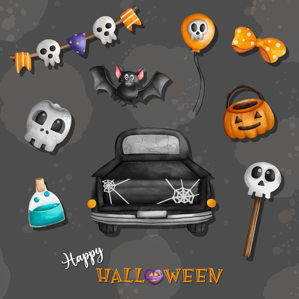 Halloween holiday compositions illustration. Halloween decorations collection. Happy Halloween. vector