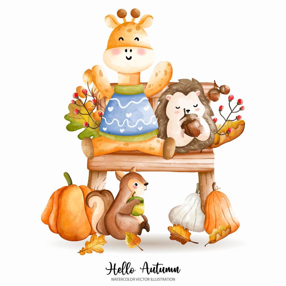 linda jirafa de acuarela de navidad, animal de otoño o otoño, ilustración de acuarela vector