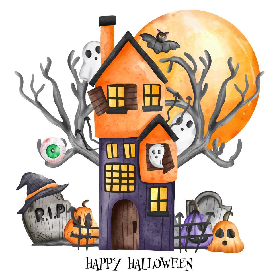 Halloween Haunted house with pumpkin kids and full moon. Halloween element. Halloween decoration vector