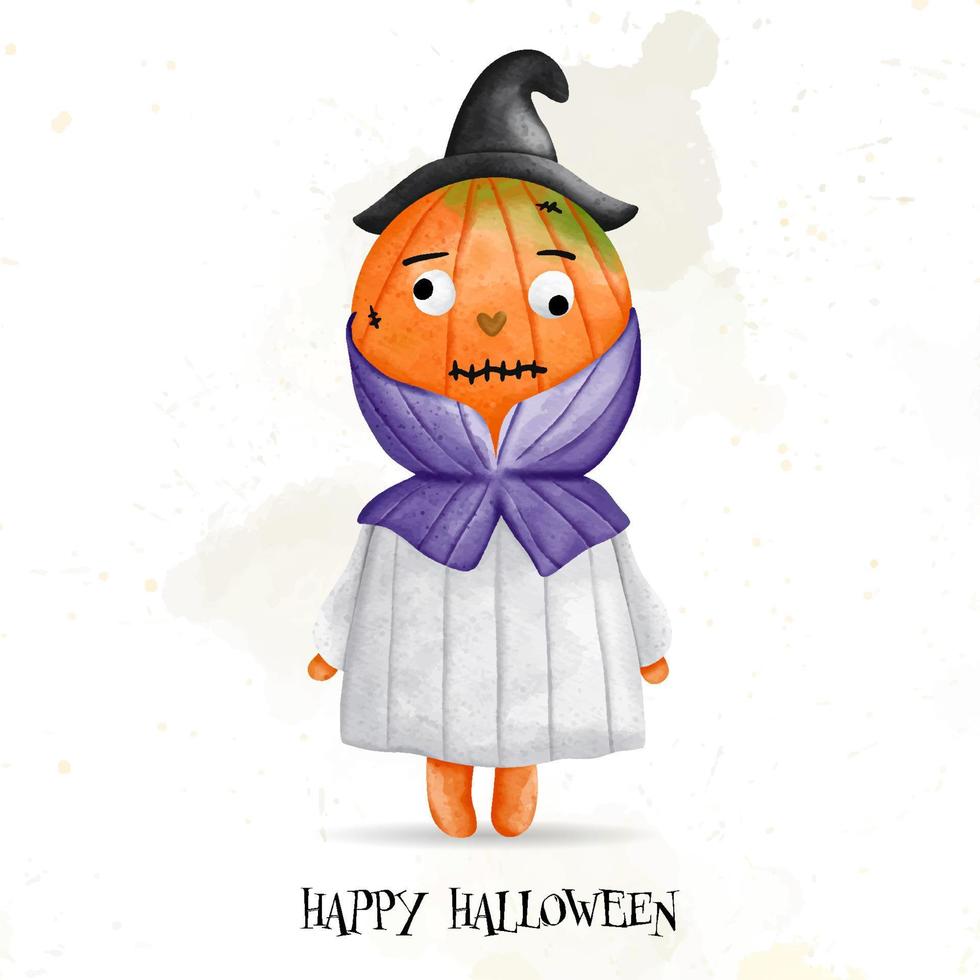 Cute cartoon child in Halloween pumpkin costume. Happy Halloween, watercolor vector illustration
