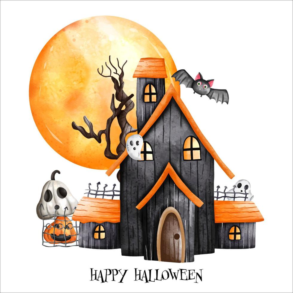 casa embrujada de halloween con luna llena. feliz halloween, acuarela ilustración vectorial vector