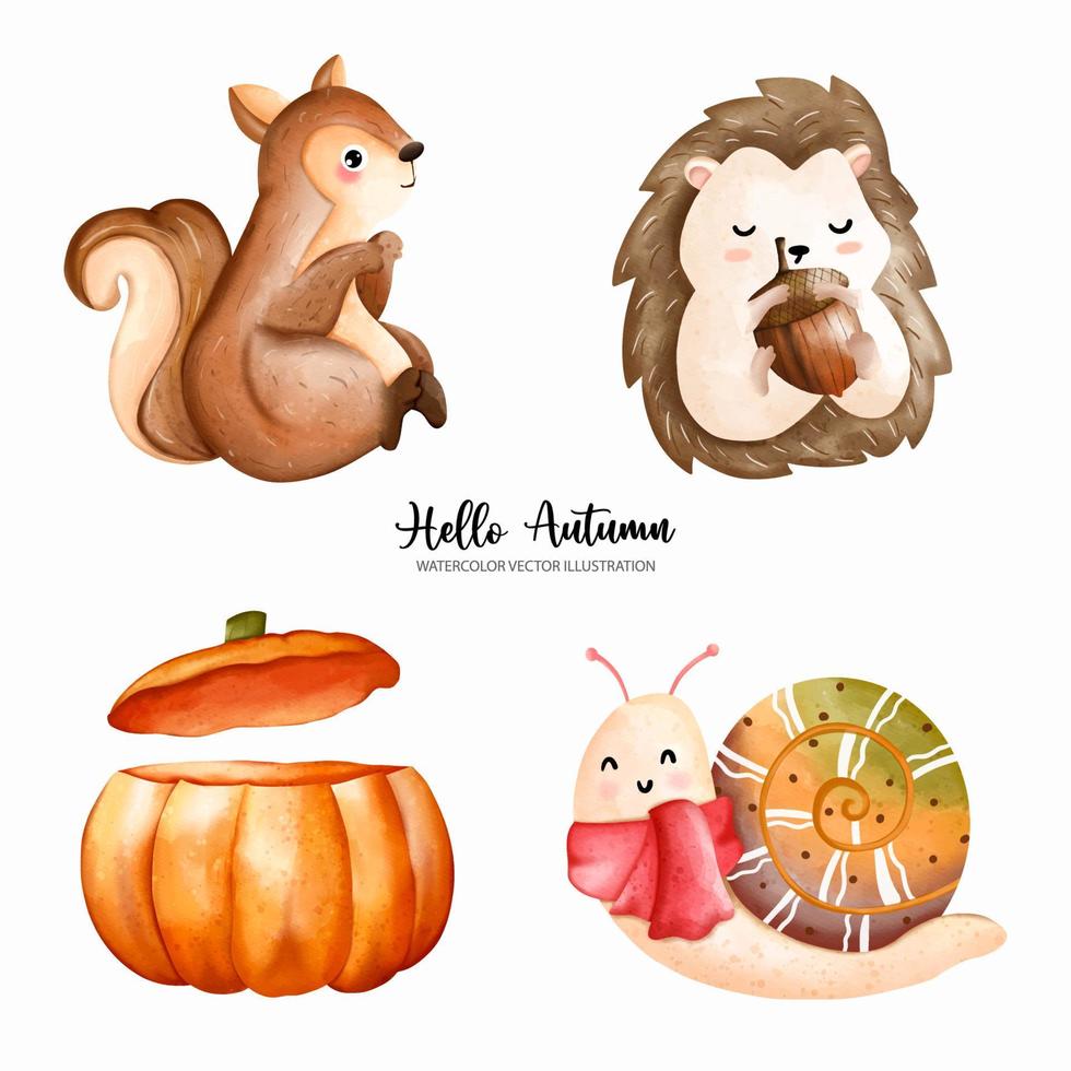 Cute Animal autumn watercolor, Thanksgiving Vector illustration, FAll theme set, Thanksgiving day