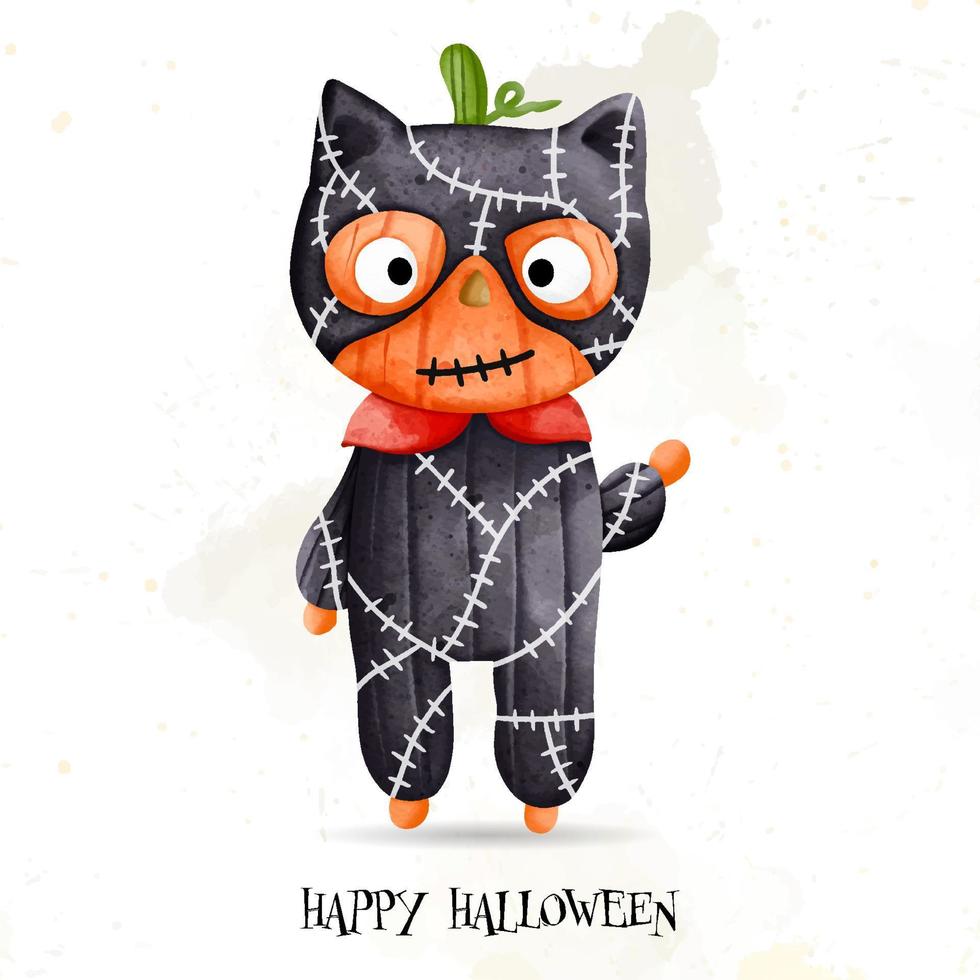 kid wearing Halloween pumpkin cartoon. Happy Halloween, watercolor vector illustration
