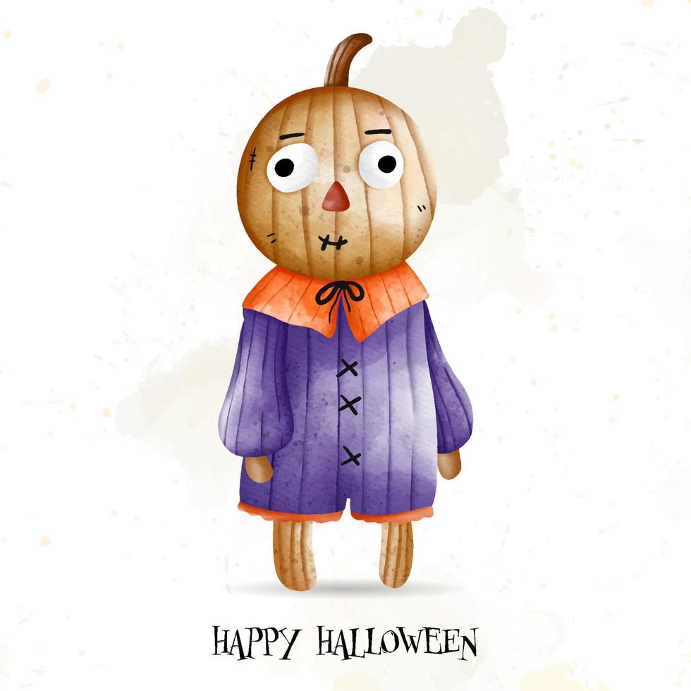 Kid in Halloween pumpkin costume. Happy Halloween, watercolor vector illustration