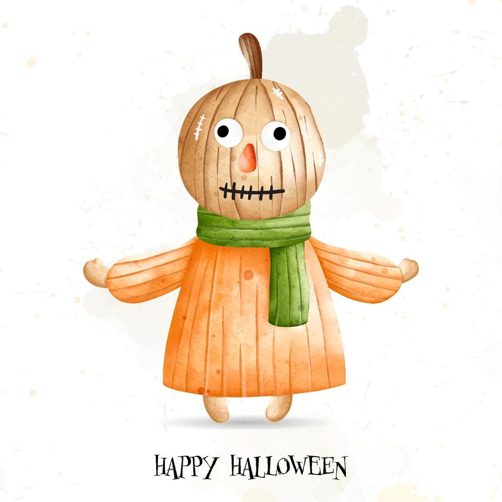 Cute little pilgrim girl cartoon character, Halloween pumpkin. Happy Halloween, watercolor vector illustration