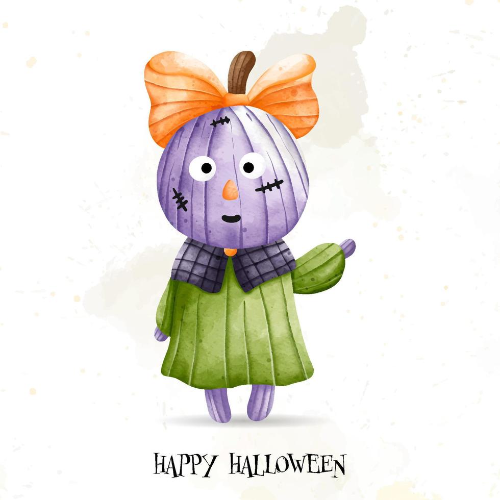 niño con una gran calabaza en la cabeza. feliz halloween, acuarela ilustración vectorial vector